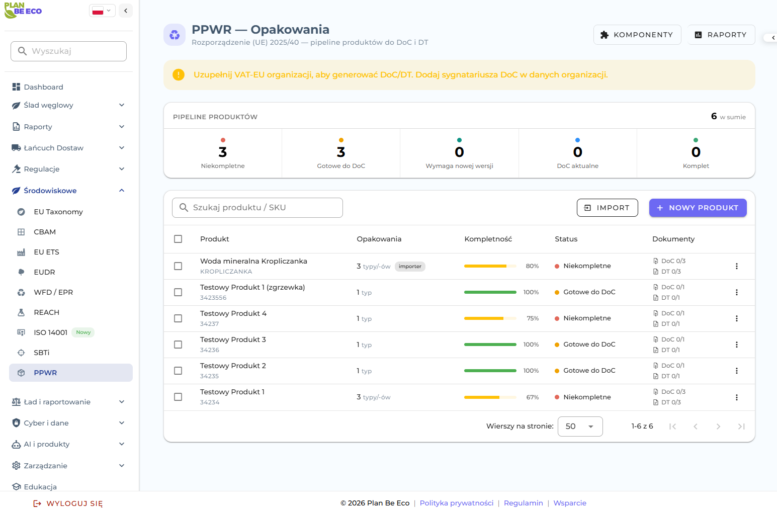 PPWR dashboard in Plan Be Eco — product list with declaration (DoC) completeness, import and document repository