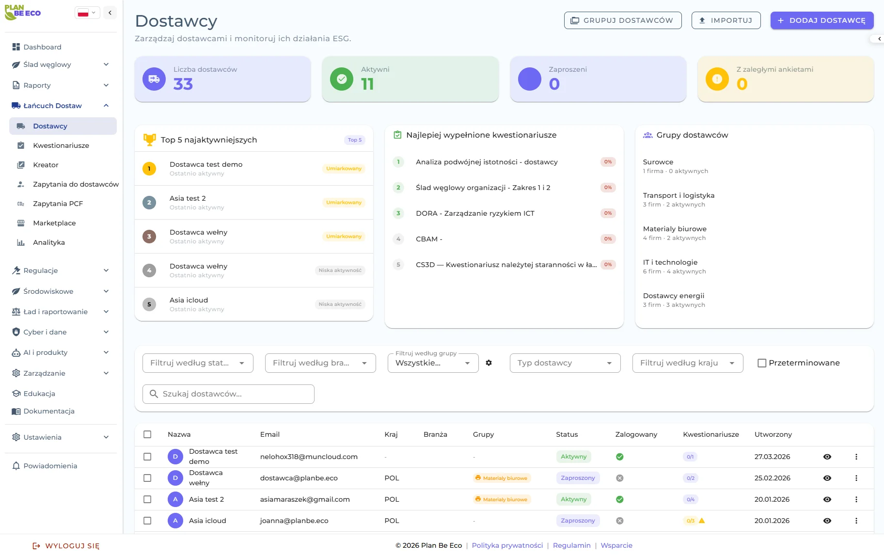 Śledzenie dostawców ESG Plan Be Eco