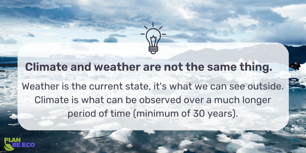 Climate and weather are not the same thing. Weather is the current state, it's what we can see outside. Climate is what can be observed over a much longer period of time (minimum of 30 years).